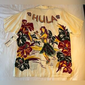 Vtg NWT FAITH Cream shirt blouse Hula Girl Hawaiian Hibiscus sequins woman’s L